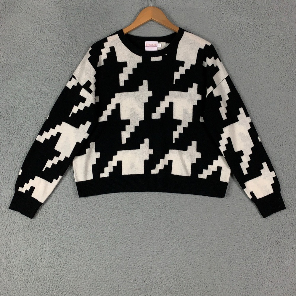 Brodie Cashmere Pixel Houndstooth Sweater Womens Small Black White Crewneck Knit